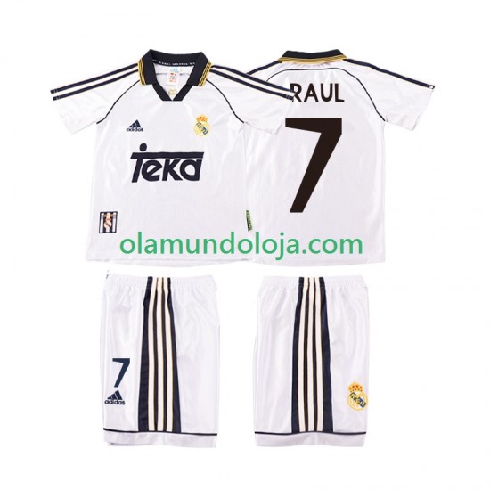 Camisola Real Madrid RAUL 7 2000 Retro Criança Equipamento Primeiro 1998 Manga Curta